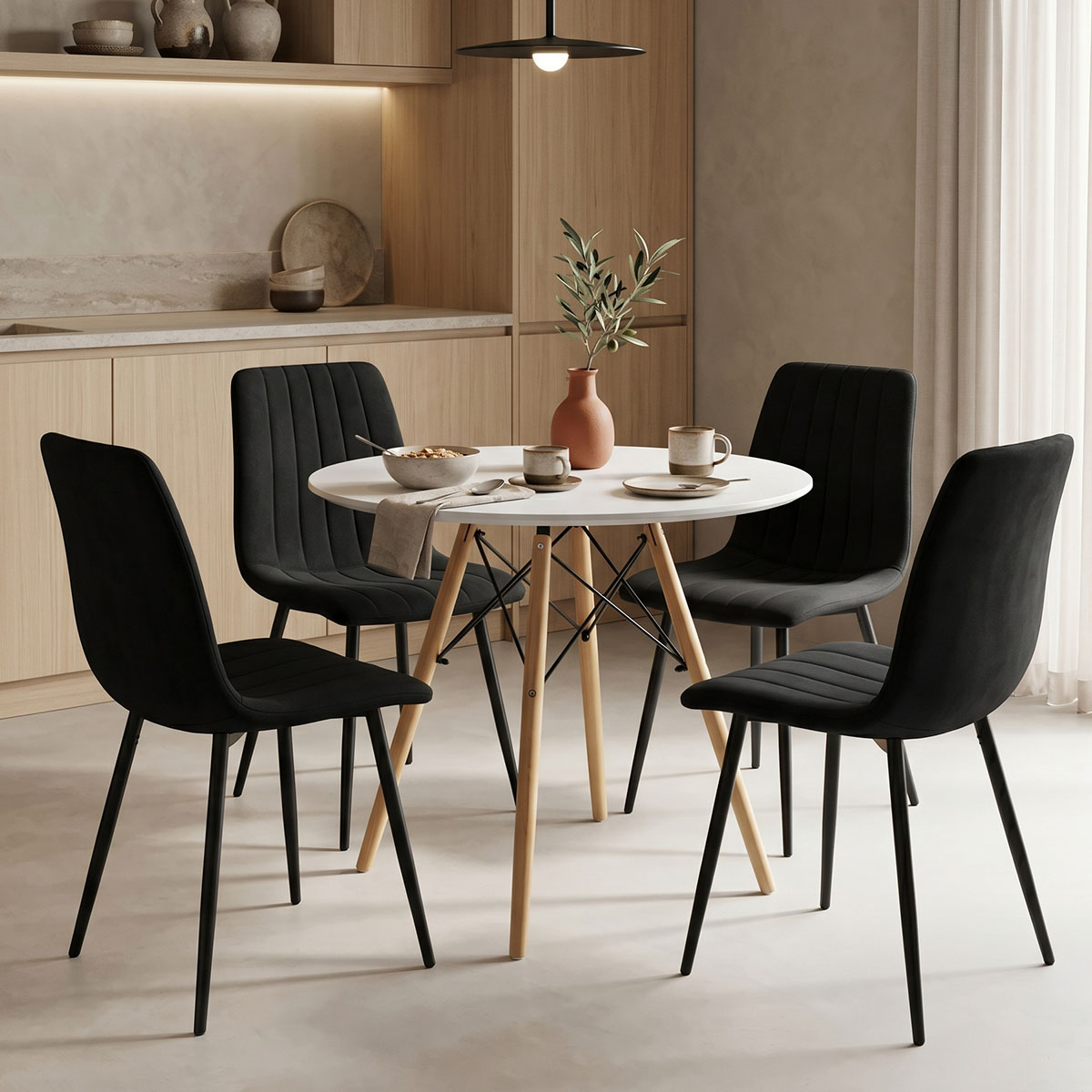 PAKO WORLD Τραπεζαρία Julita-Noor pakoworld σετ 5τεμ MDF λευκό-μαύρο-πόδια φυσικό Φ80x73εκ - PAKO WORLD - 200-001412
