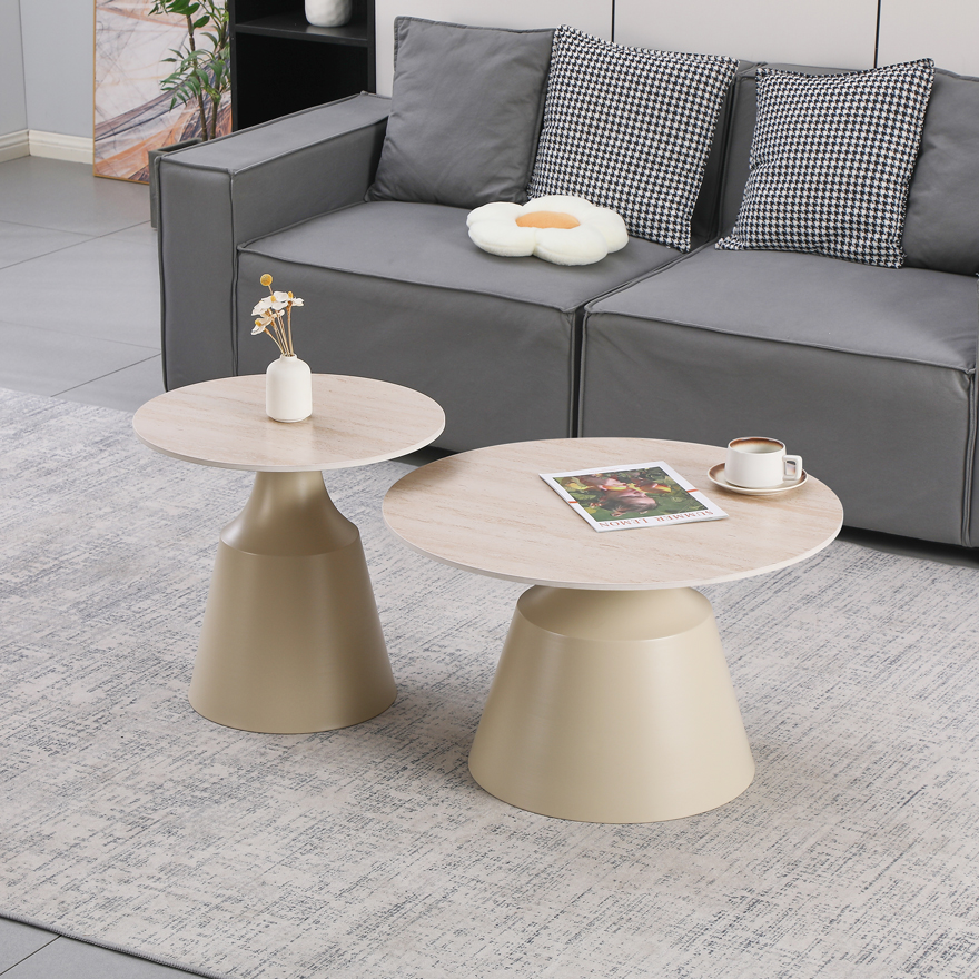 Τραπέζια σαλονιού Sculpt pakoworld σετ 2τεμ μέταλλο cappuccino- sintered stone σε όψης τραβερτίνης - PAKO WORLD - 278-000048