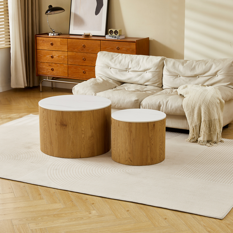 Τραπέζια σαλονιού Nelba pakoworld 2τμχ mdf oak - κεραμική επιφάνεια όψη μαρμάρου - PAKO WORLD - 413-000001