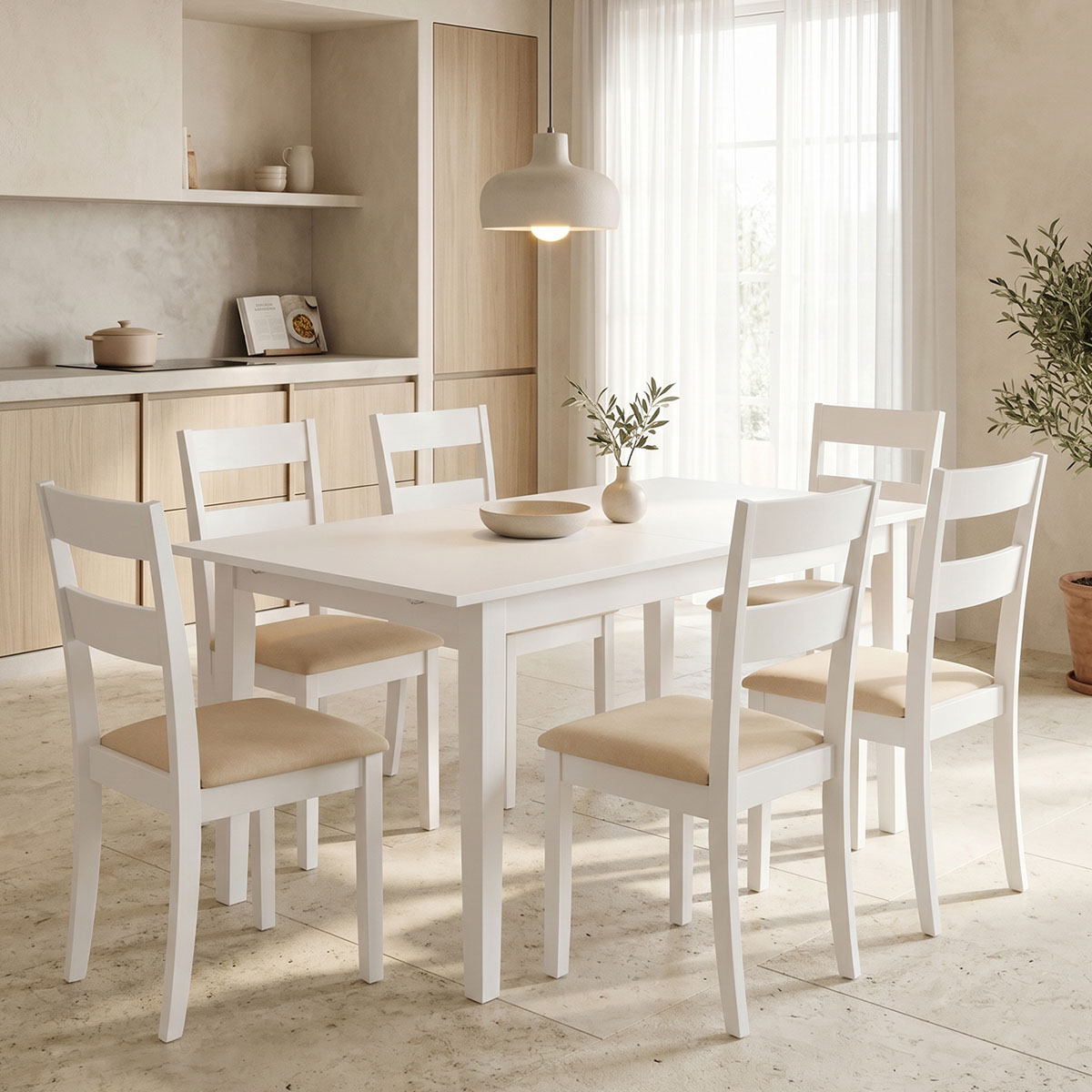 Τραπεζαρία Dallan Mabor pakoworld 7τεμ λευκό rubberwood 120-150x80x73,8εκ - PAKO WORLD - 200-001714