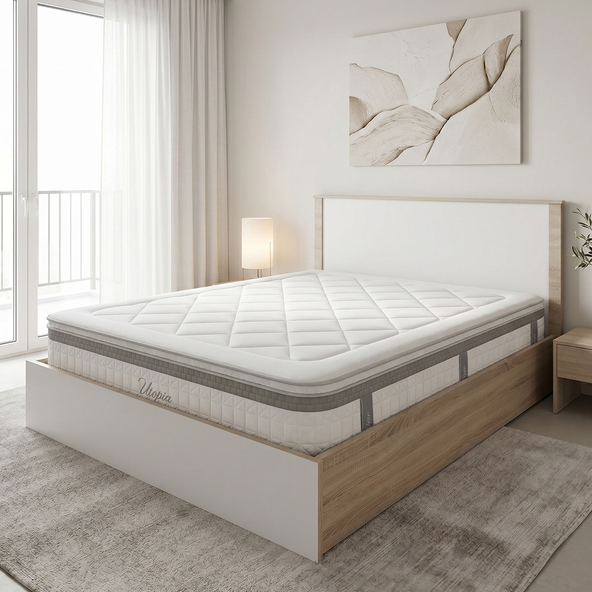 Κρεβάτι με στρώμα Athos Utopia pakoworld sonoma και λευκό 160x200εκ - PAKO WORLD - 200-001874