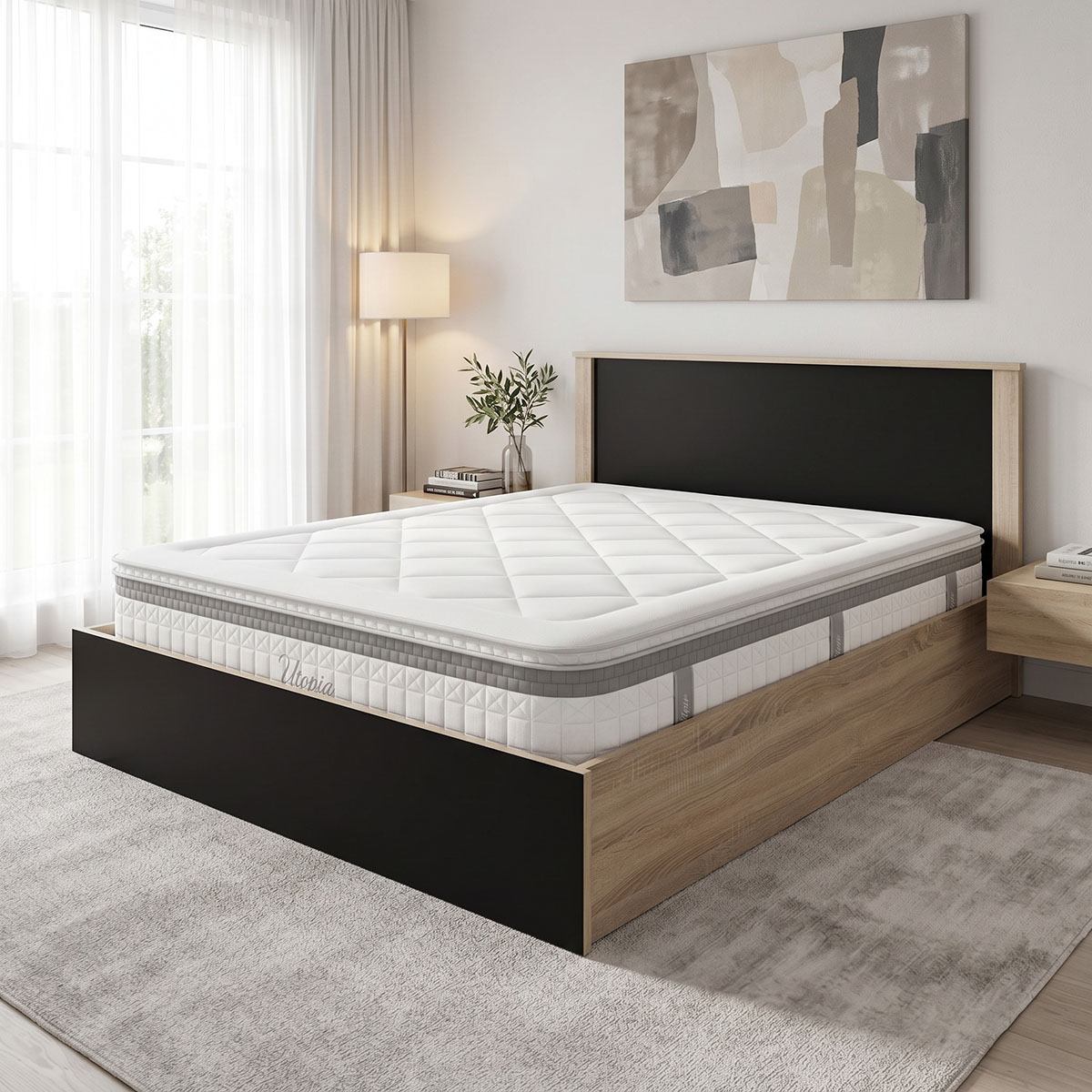 Κρεβάτι με στρώμα Athos Utopia pakoworld sonoma και ανθρακί 160x200εκ - PAKO WORLD - 200-001873