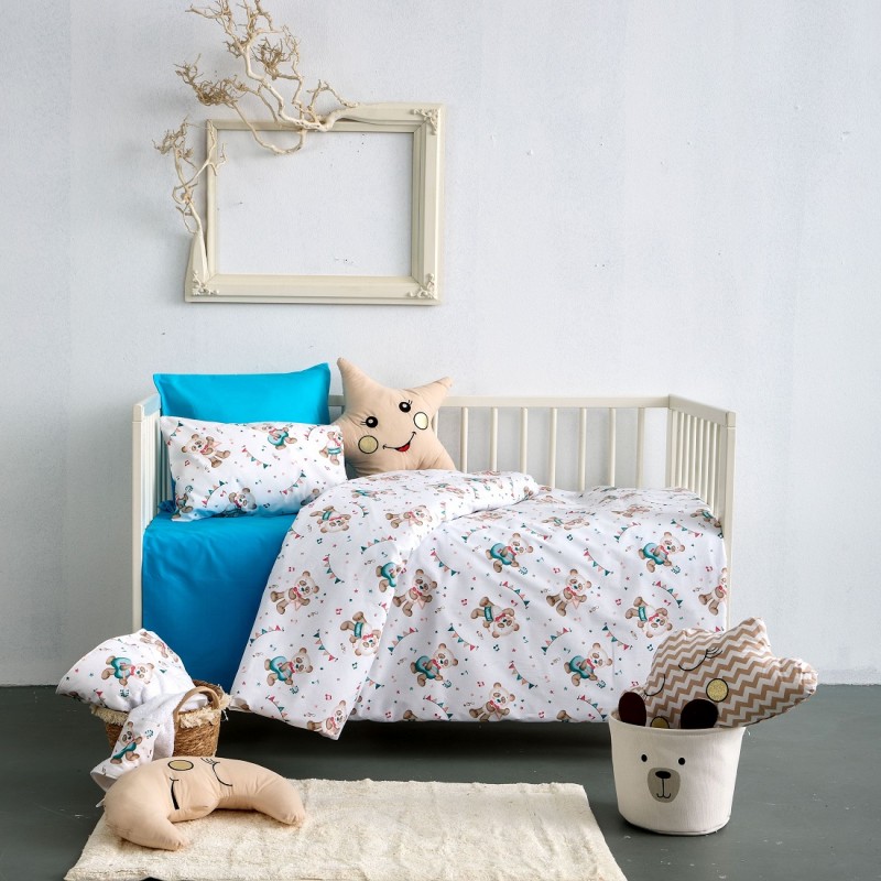 SBaby Σετ Σεντόνια Βαμβακερά Κούνιας 120x160εκ. Music Blue SBaby (Ύφασμα: Βαμβάκι 100%, Τύπος κατωσέντονου: Χωρίς Λάστιχο, Χρώμα: Λευκό, Μέγεθος: Σετ) - SBaby - 5206864075276