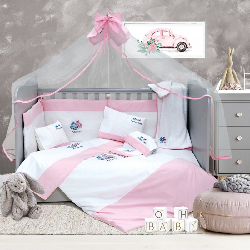 SBaby Σετ Κούνιας 6τμχ Βαμβακερά My Baby Car Pink SB HOME (Ύφασμα: Βαμβάκι 100%, Χρώμα: Ροζ) - SBaby - 5206864055810