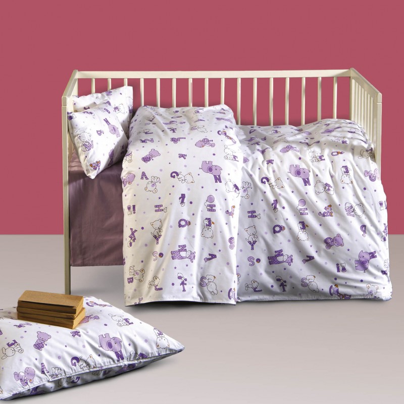 SBaby Σετ Σεντόνια Βαμβακερά Λίκνου 80x110εκ. Alphabet Lilac SB HOME (Ύφασμα: Βαμβάκι 100%, Τύπος κατωσέντονου: Χωρίς Λάστιχο, Χρώμα: Λιλά, Μέγεθος: Σετ) - SBaby - 5206864065451