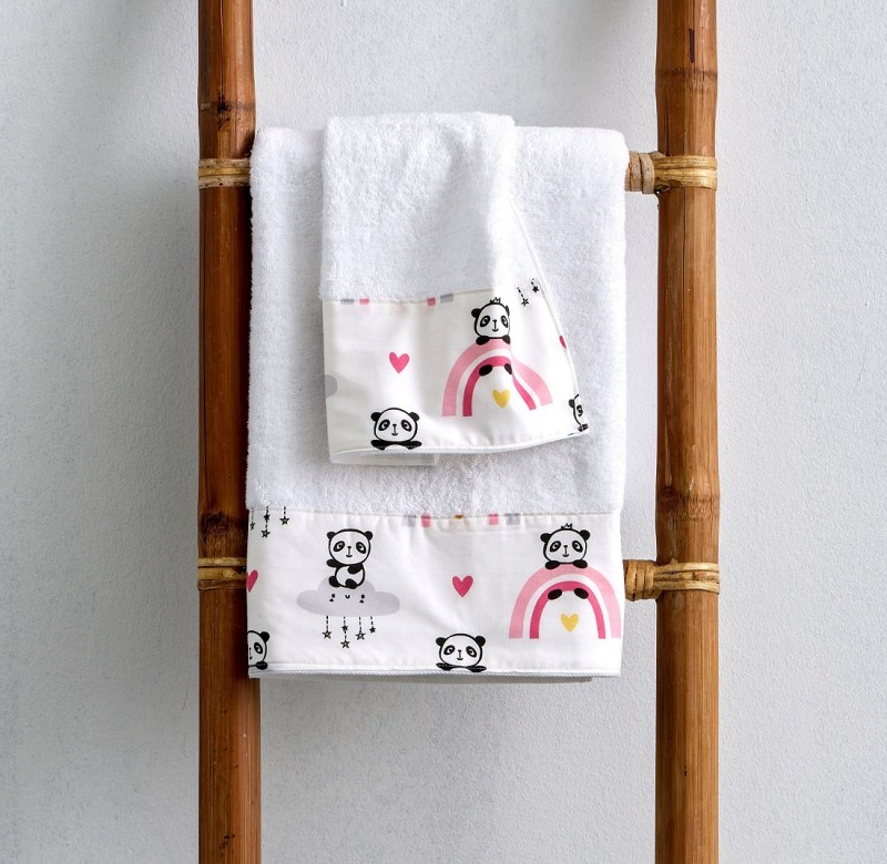 SBaby Σετ Πετσέτες Bebe 2τμχ Βαμβακερές Με Φάσα Panda Pink SBaby (Ύφασμα: Βαμβάκι 100%, Χρώμα: Λευκό) - SBaby - 5206864075528
