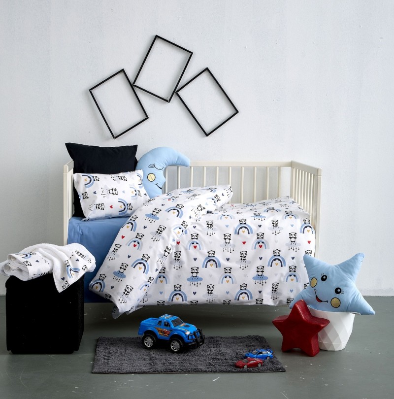 SBaby Σετ Σεντόνια Βαμβακερά Κούνιας 120x160εκ. Panda Blue SBaby (Ύφασμα: Βαμβάκι 100%, Τύπος κατωσέντονου: Χωρίς Λάστιχο, Χρώμα: Λευκό, Μέγεθος: Σετ) - SBaby - 5206864075351