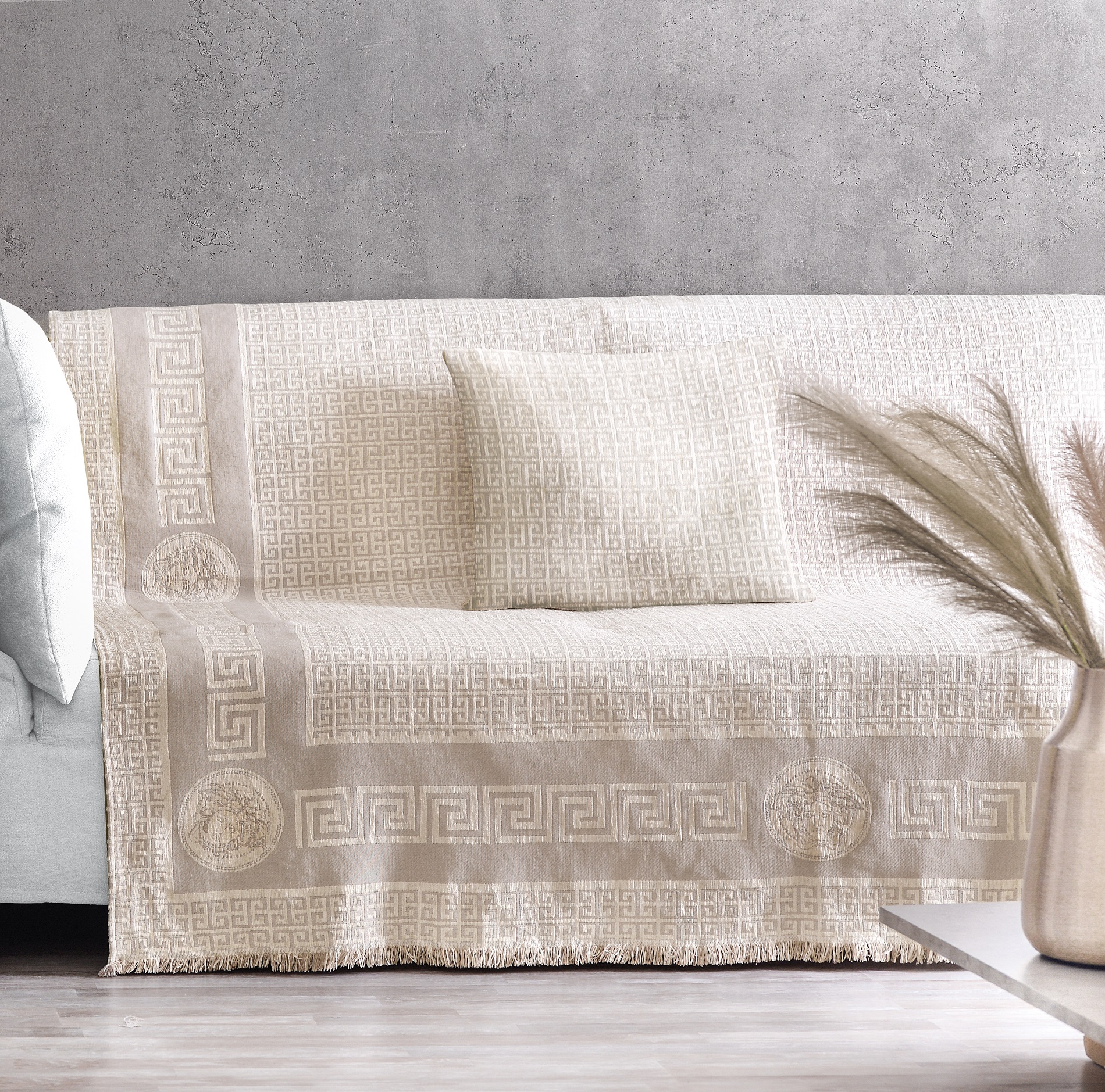 Ριχτάρι Βαμβακερό Πολυθρόνας 180x180εκ. Meandros Beige Makis Tselios (Ύφασμα: Βαμβάκι 100%, Χρώμα: Μπεζ) - Makis Tselios - 205880123456