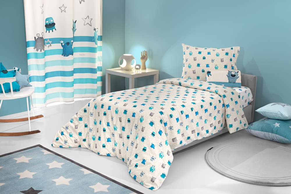Saint Clair Σετ Σεντόνια 3τμχ Βαμβακερά Μονά 160x250εκ. Monsters Blue Saint Clair (Ύφασμα: Βαμβάκι 100%, Τύπος κατωσέντονου: Χωρίς Λάστιχο, Χρώμα: Μπλε) - Saint Clair - 5206480639050