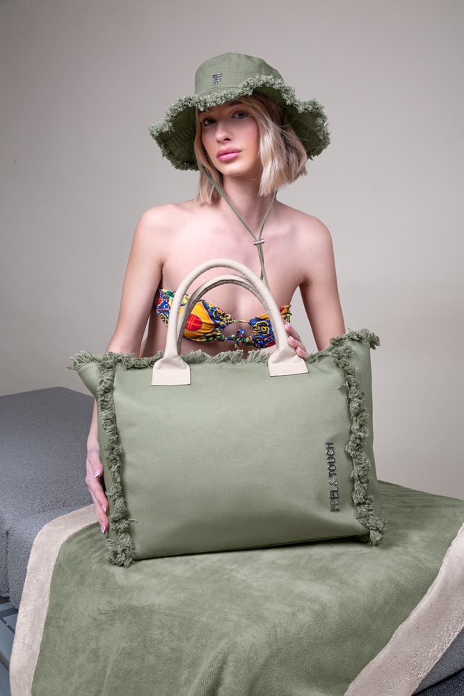 Feel and Touch Τσάντα Ώμου Θαλάσσης Βαμβακερή 40x20x35εκ. Feel & Touch Caribbean Khaki-Ammos (Ύφασμα: Βαμβάκι 100%, Χρώμα: Χακί) - Feel and Touch - 5206480676352